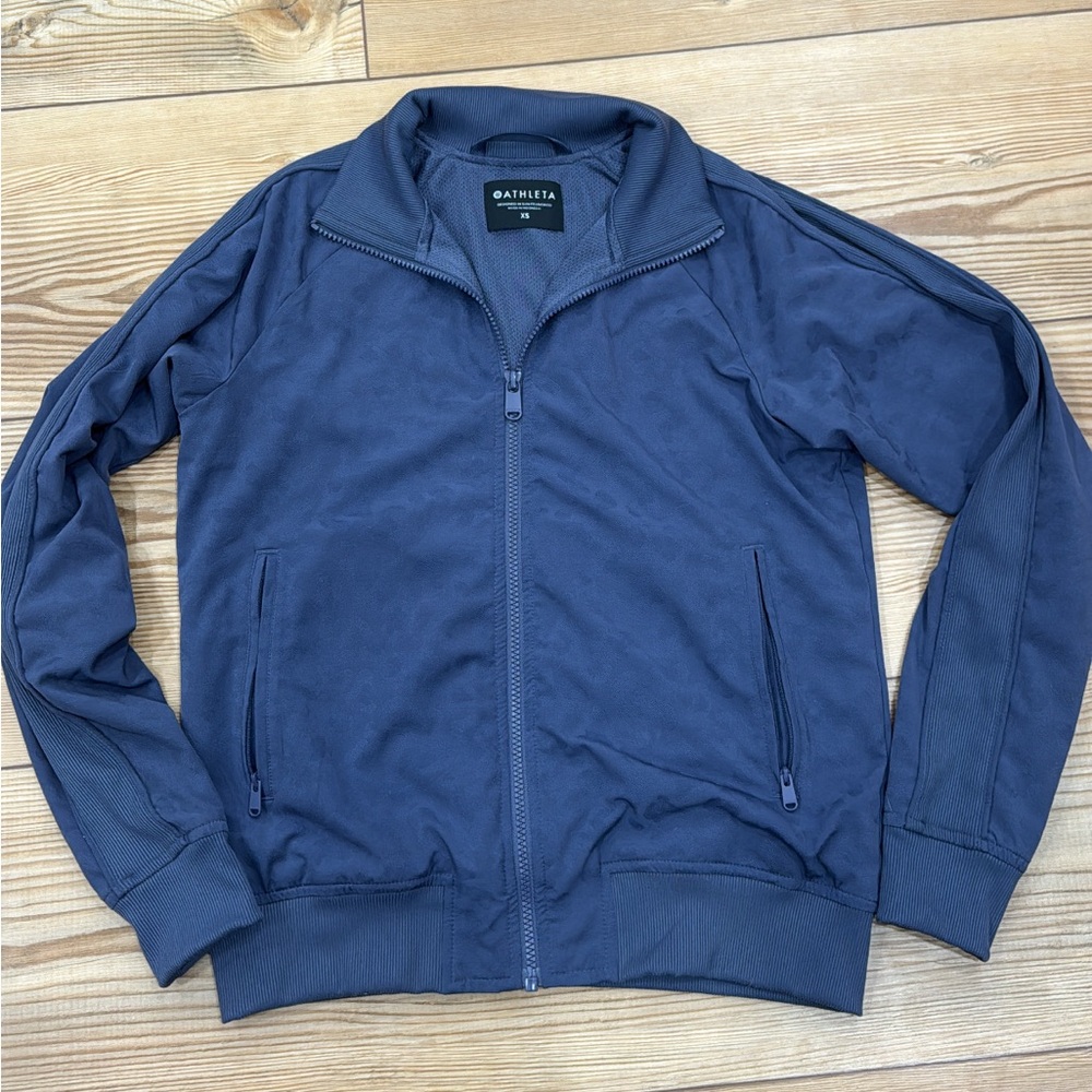 Athleta Brooklyn Bomber Jacket in a blue leopard print